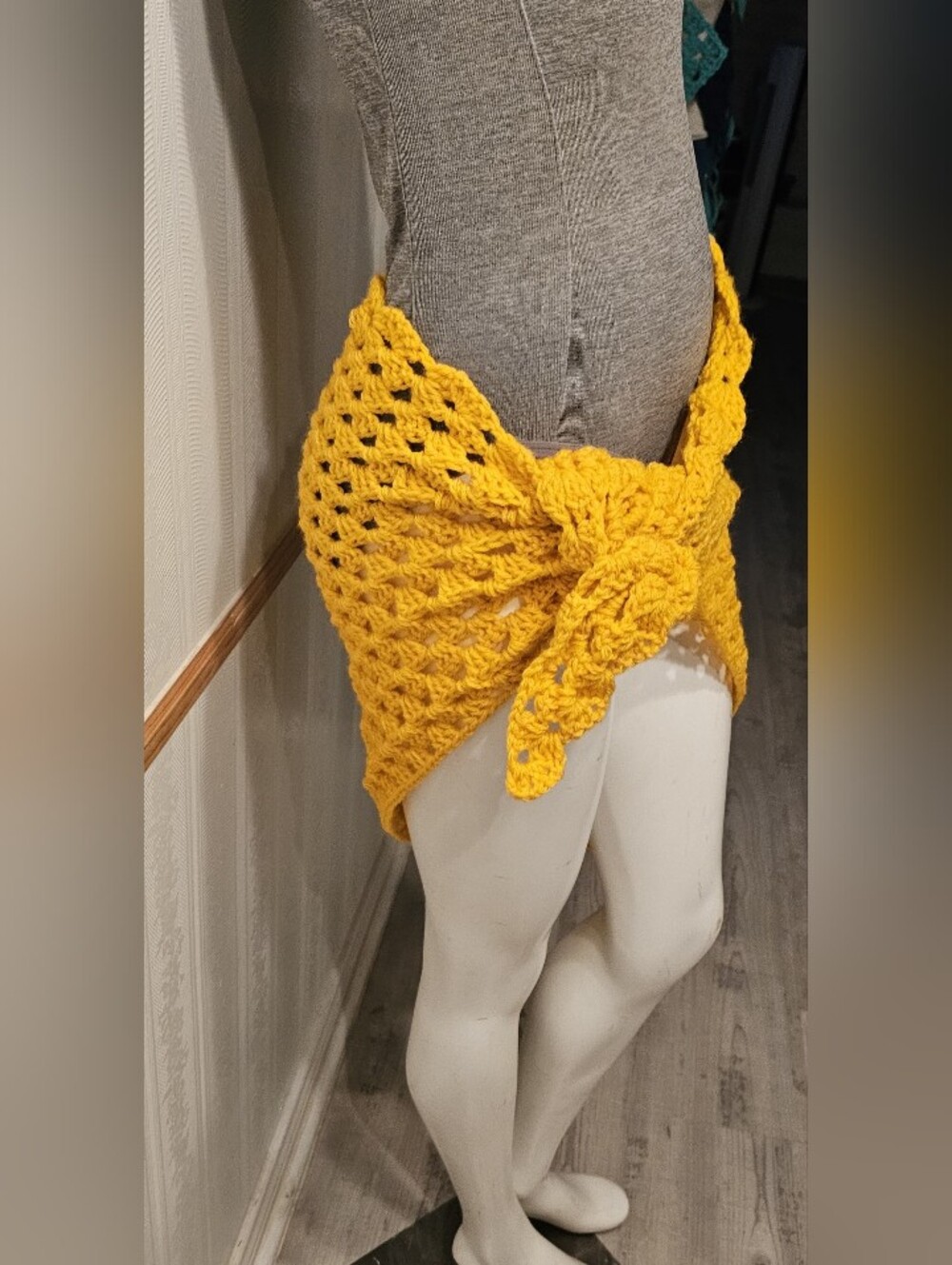 NEW Handmade Crochet Vivid Gold Sarong Pareo Swimsuit Cover-up Mini Skirt OSFM